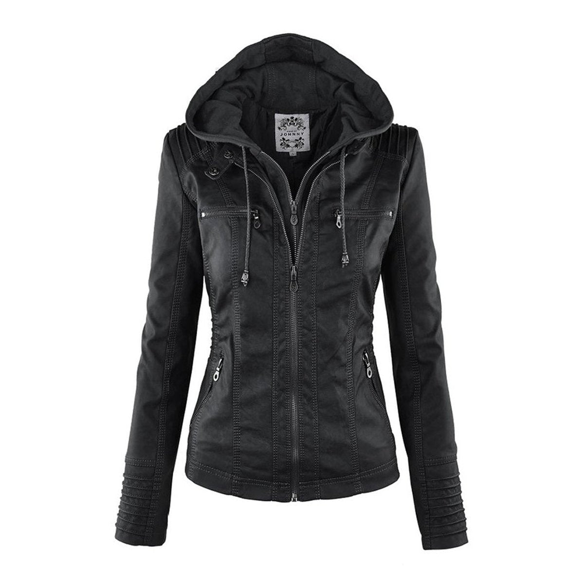Jaqueta feminina com capuz e zíper slim fit, estilo biker urbano