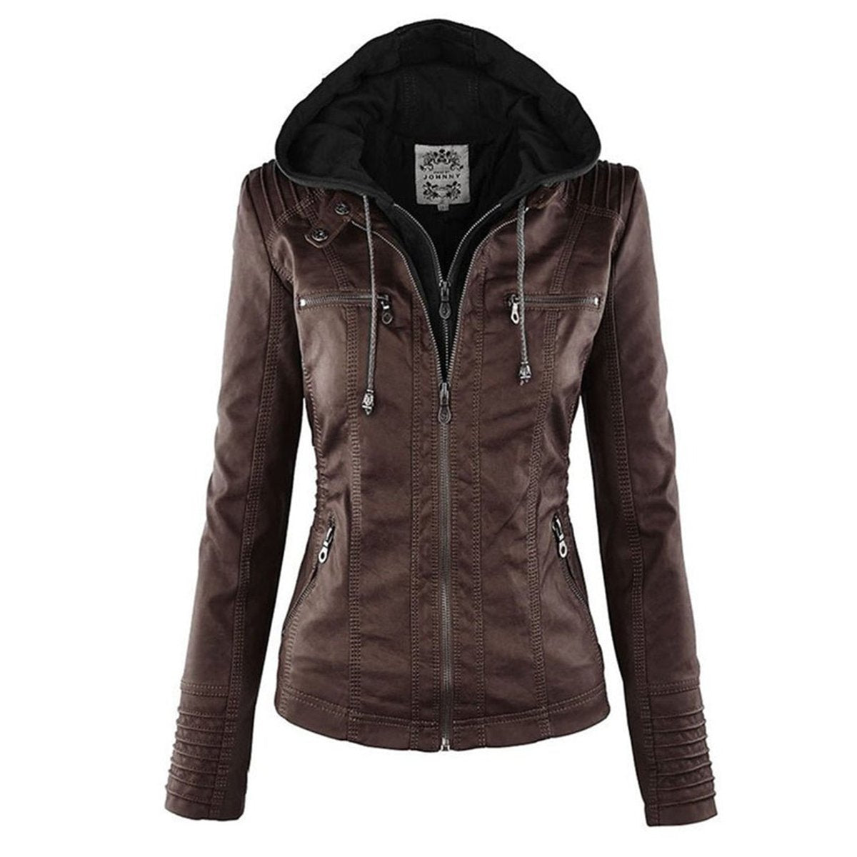Jaqueta feminina com capuz e zíper slim fit, estilo biker urbano