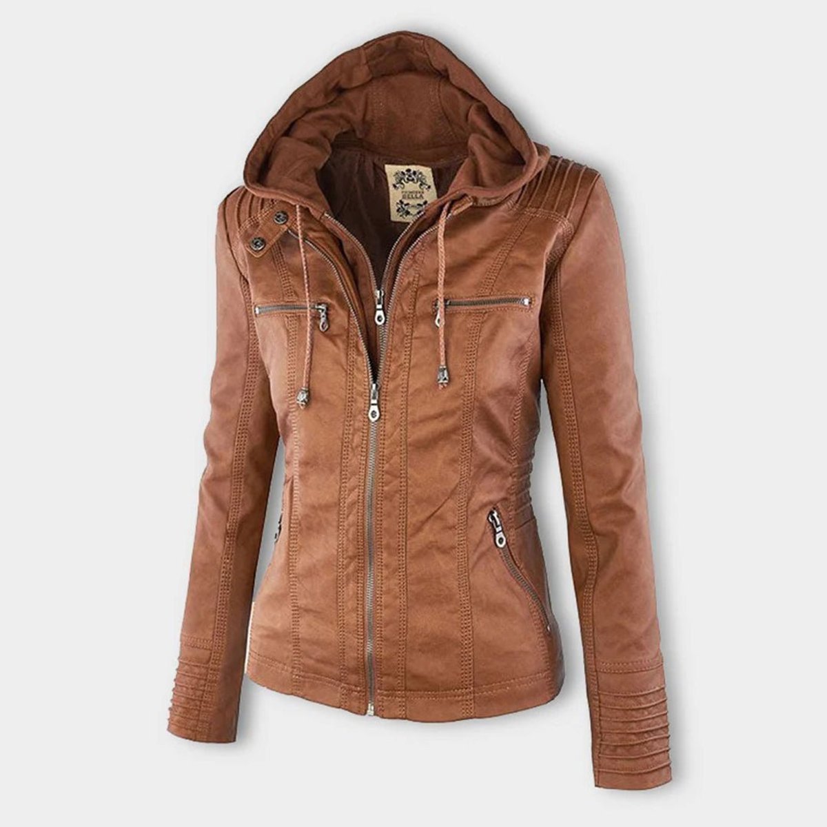 Jaqueta feminina com capuz e zíper slim fit, estilo biker urbano