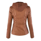 Jaqueta feminina com capuz e zíper slim fit, estilo biker urbano