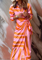 Vestido midi manga longa wrap listrado decote V mulher