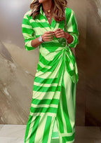 Vestido midi manga longa wrap listrado decote V mulher