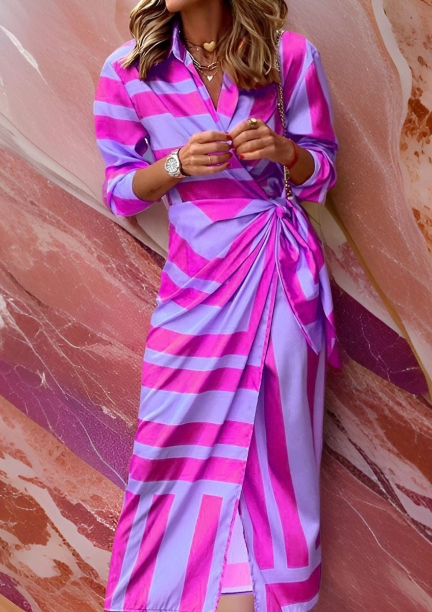 Vestido midi manga longa wrap listrado decote V mulher