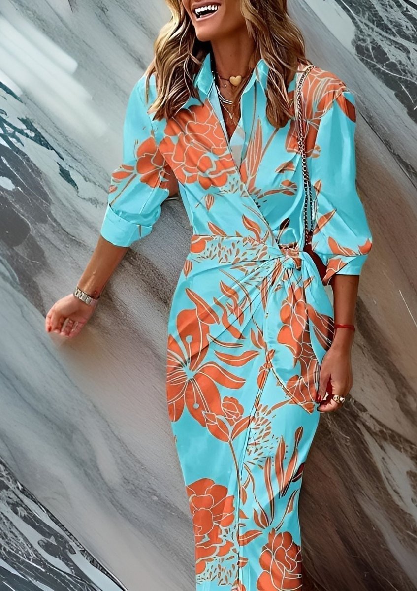 Vestido midi manga longa wrap listrado decote V mulher