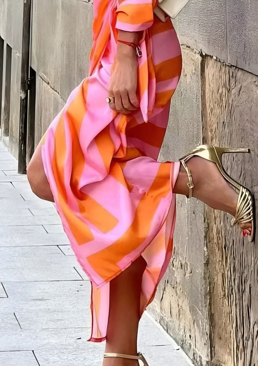 Vestido midi manga longa wrap listrado decote V mulher