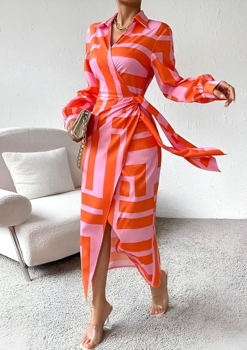 Vestido midi manga longa wrap listrado decote V mulher