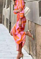 Vestido midi manga longa wrap listrado decote V mulher