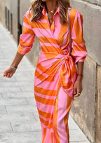 Vestido midi manga longa wrap listrado decote V mulher