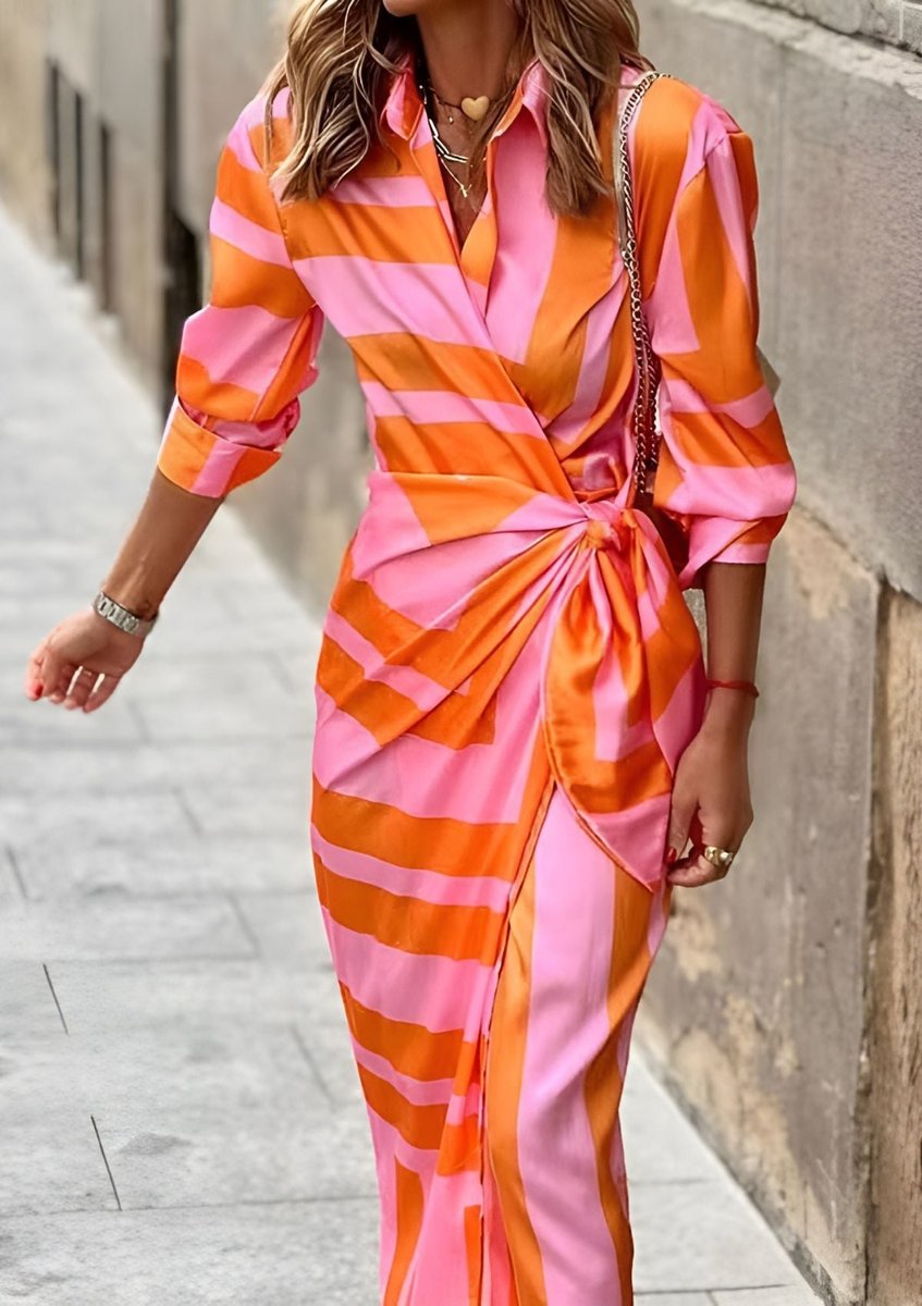 Vestido midi manga longa wrap listrado decote V mulher