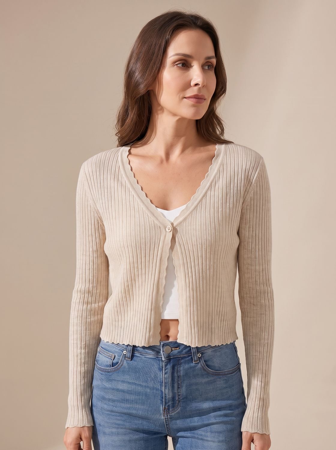 Cardigan tricot feminino leve com decote V e botões, corte folgado