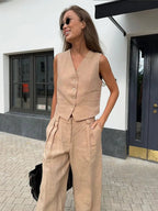 Conjunto feminino linho 2 peças colete e calça pantalona plissada perna larga