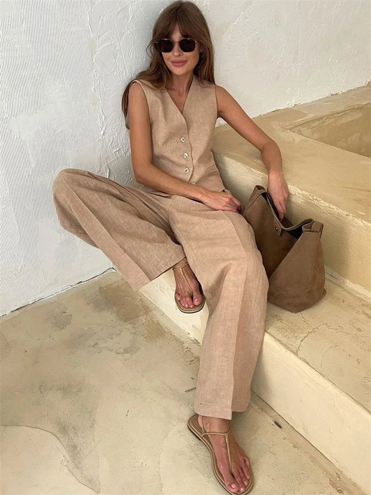 Conjunto feminino linho 2 peças colete e calça pantalona plissada perna larga