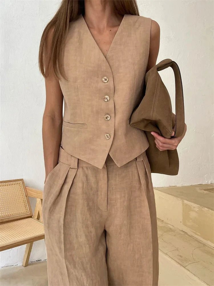 Conjunto feminino linho 2 peças colete e calça pantalona plissada perna larga