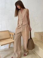 Conjunto feminino linho 2 peças colete e calça pantalona plissada perna larga