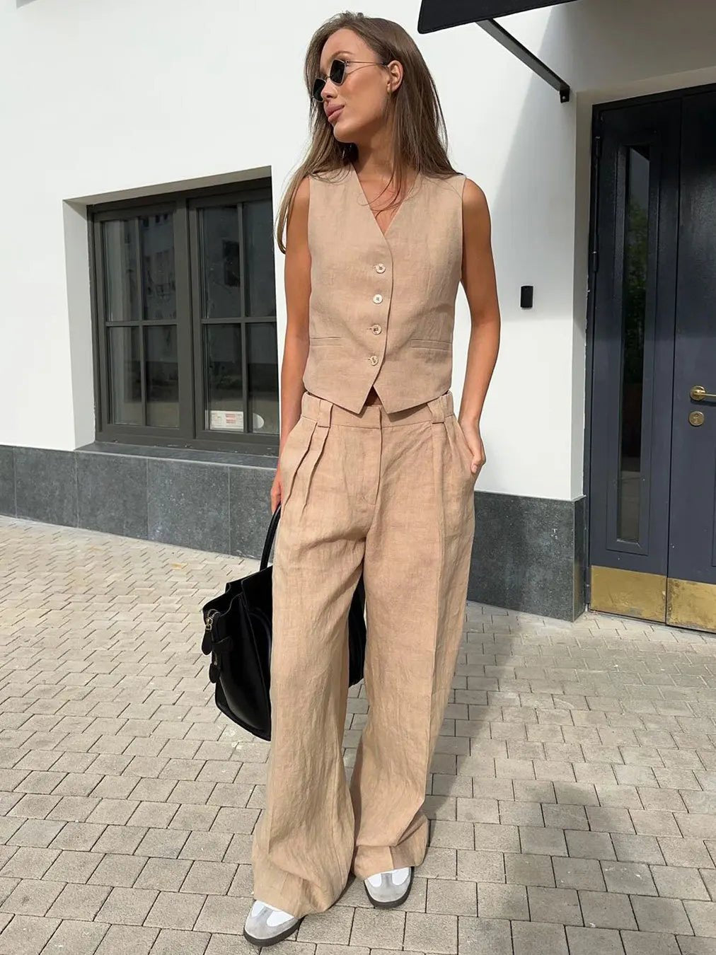 Conjunto feminino linho 2 peças colete e calça pantalona plissada perna larga