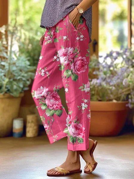 Calças femininas florais soltas cintura média com bolsos laterais padrão boho