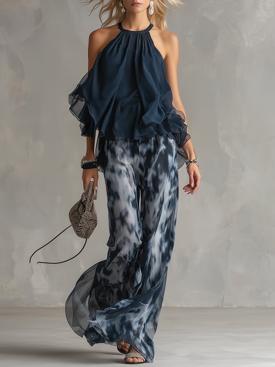 Conjunto feminino duas peças halter palazzo estampado azul marinho