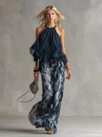 Conjunto feminino duas peças halter palazzo estampado azul marinho