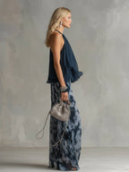 Conjunto feminino duas peças halter palazzo estampado azul marinho