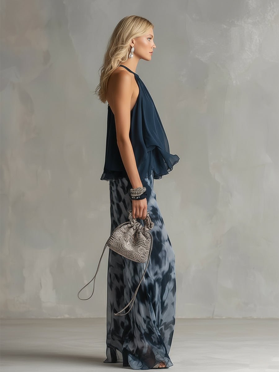 Conjunto feminino duas peças halter palazzo estampado azul marinho