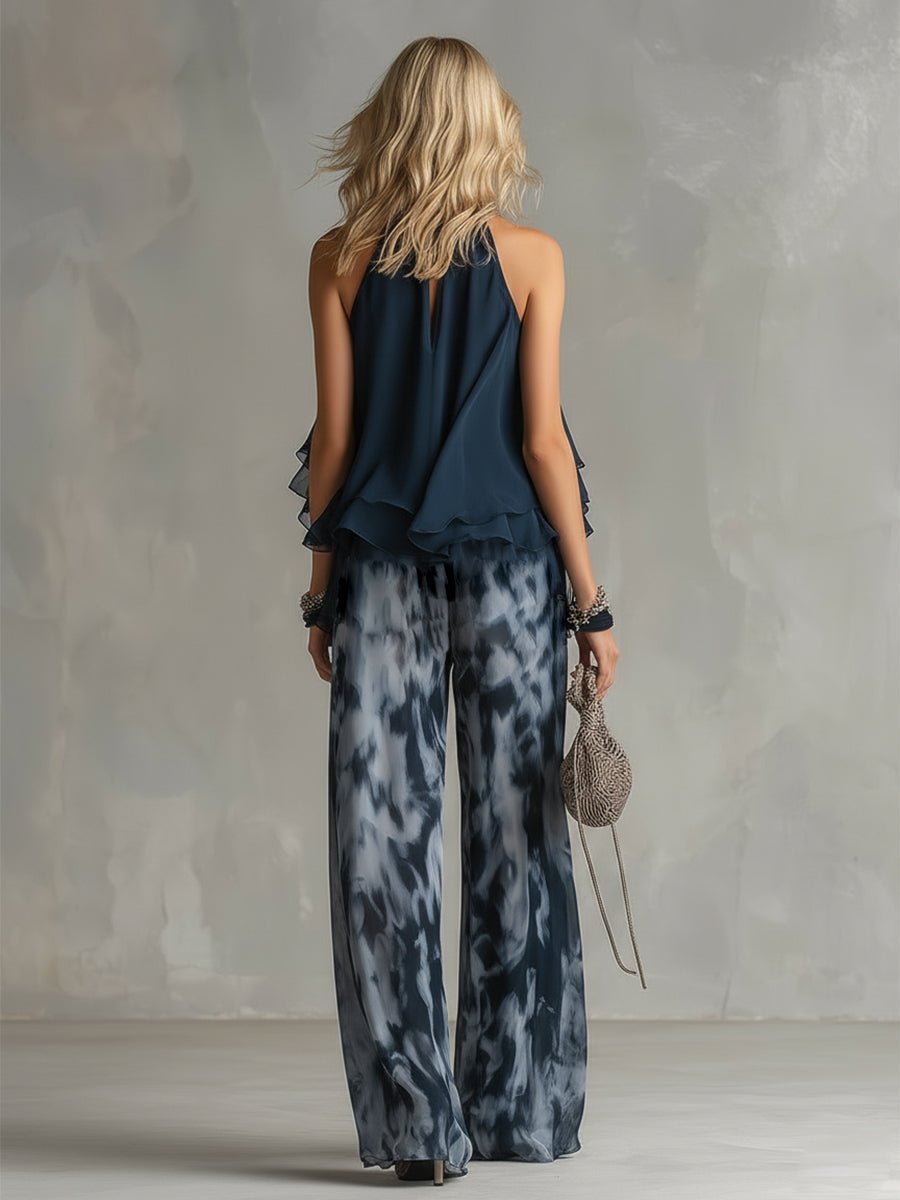 Conjunto feminino duas peças halter palazzo estampado azul marinho