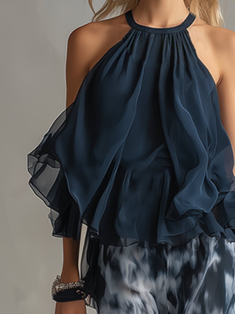 Conjunto feminino duas peças halter palazzo estampado azul marinho