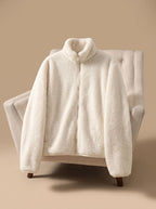 Jaqueta fleece feminina oversized com gola alta e zíper