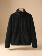 Jaqueta fleece feminina oversized com gola alta e zíper