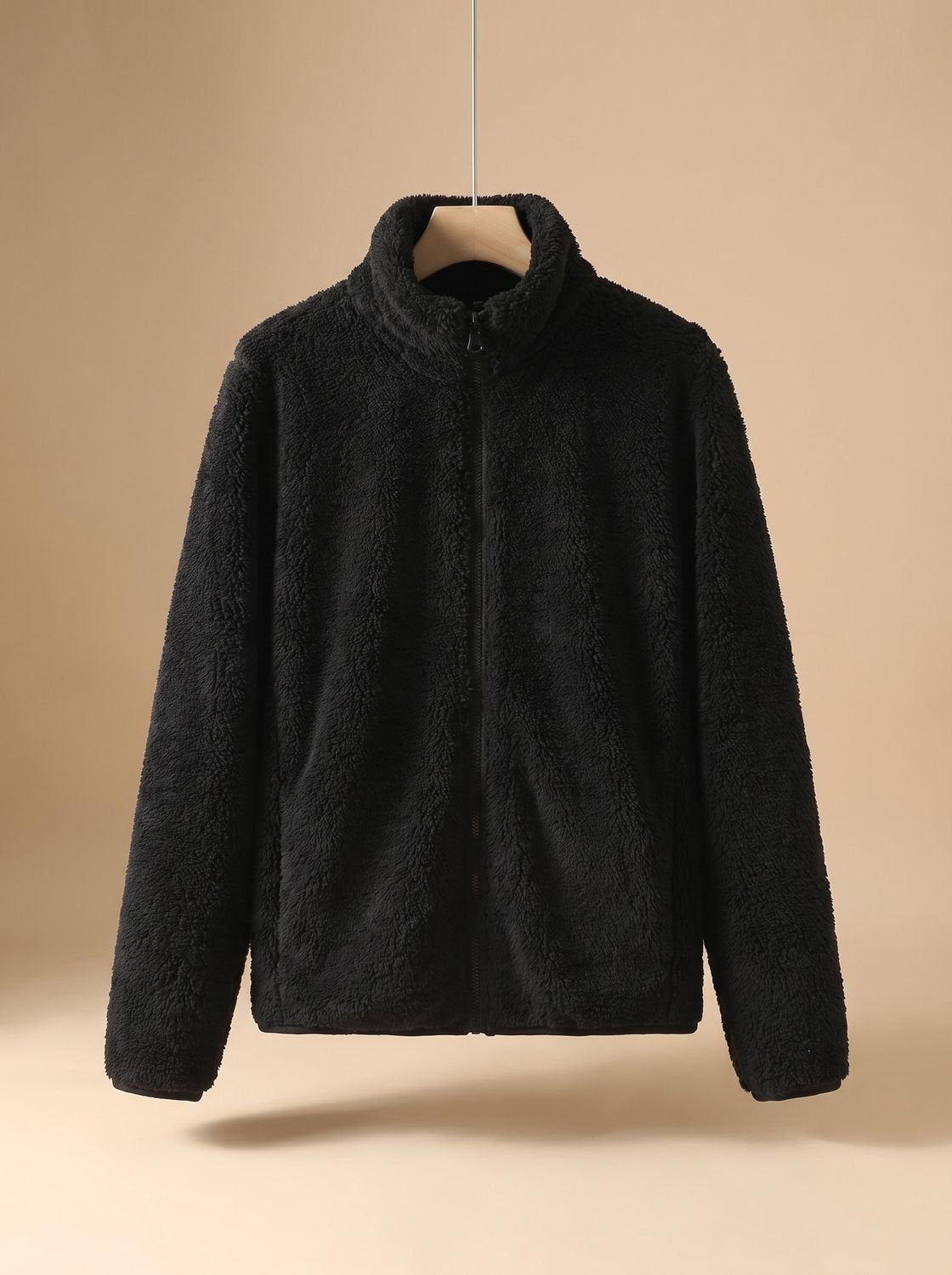 Jaqueta fleece feminina oversized com gola alta e zíper