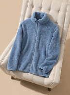Jaqueta fleece feminina oversized com gola alta e zíper