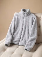 Jaqueta fleece feminina oversized com gola alta e zíper
