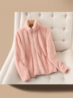 Jaqueta fleece feminina oversized com gola alta e zíper