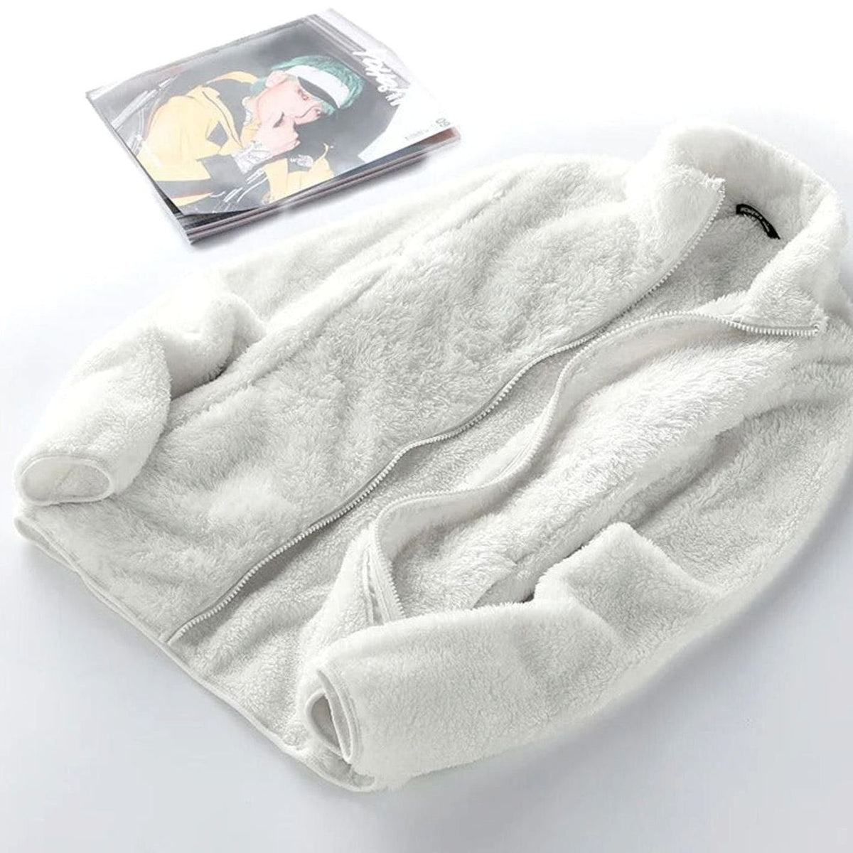 Jaqueta fleece feminina oversized com gola alta e zíper