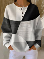 Camisola Feminina Waffel Henley Colorblock Relaxed Fit manga longa outono inverno