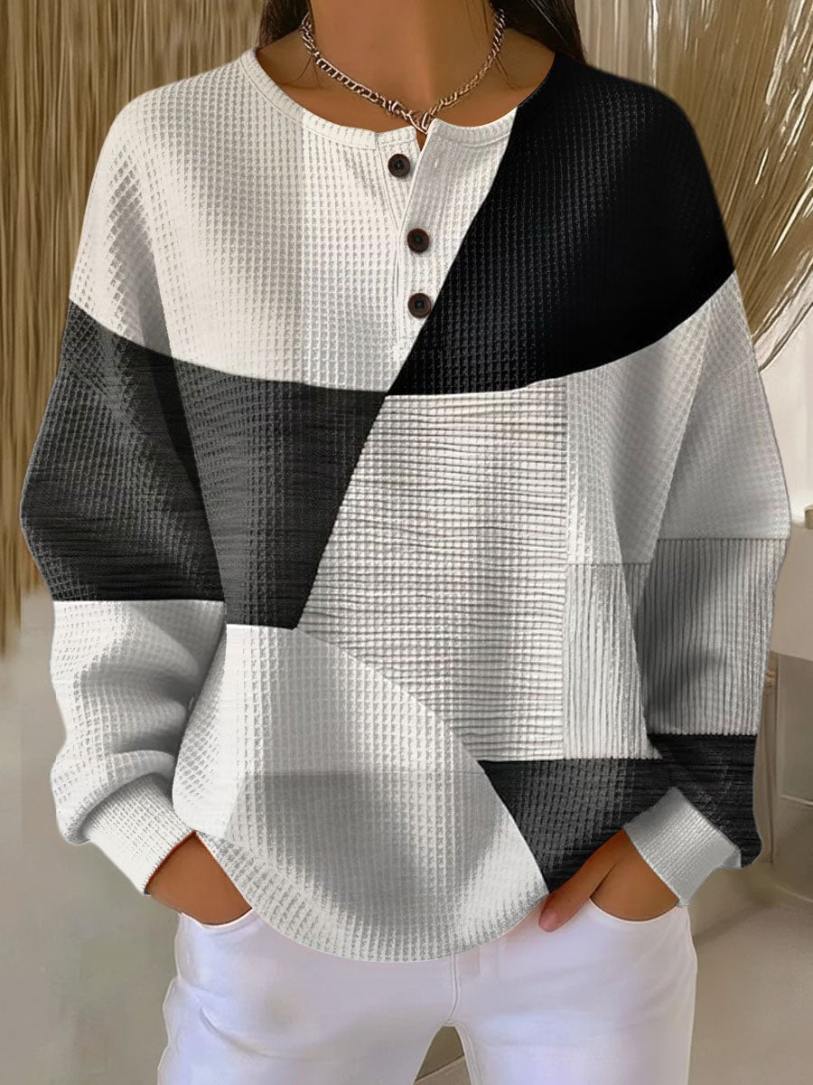 Camisola Feminina Waffel Henley Colorblock Relaxed Fit manga longa outono inverno