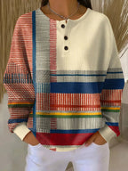 Camisola Feminina Waffel Henley Colorblock Relaxed Fit manga longa outono inverno