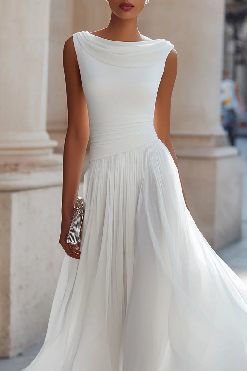 Vestido midi feminino sem mangas linha A com decote cascata e saia plissada