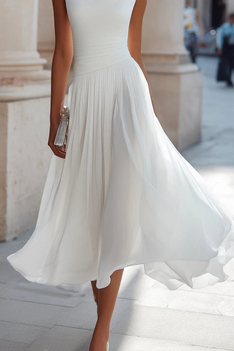 Vestido midi feminino sem mangas linha A com decote cascata e saia plissada