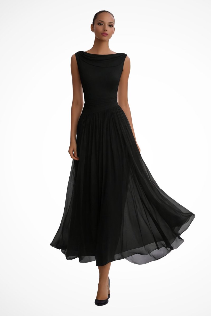 Vestido midi feminino sem mangas linha A com decote cascata e saia plissada