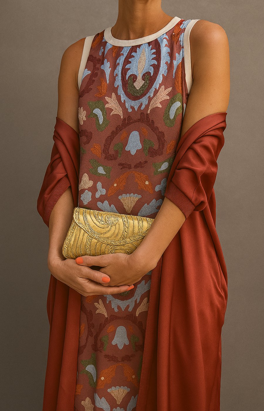 Vestido maxi floral sem mangas com casaco coordenado conjunto feminino