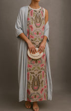 Vestido maxi floral sem mangas com casaco coordenado conjunto feminino