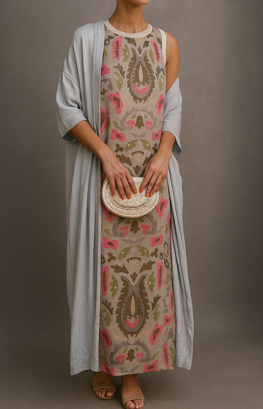Vestido maxi floral sem mangas com casaco coordenado conjunto feminino