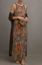 Vestido maxi floral sem mangas com casaco coordenado conjunto feminino