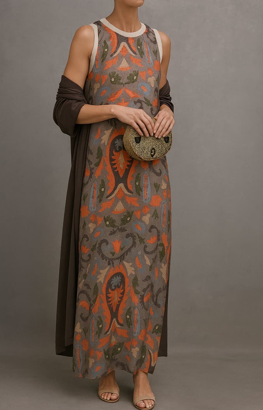 Vestido maxi floral sem mangas com casaco coordenado conjunto feminino
