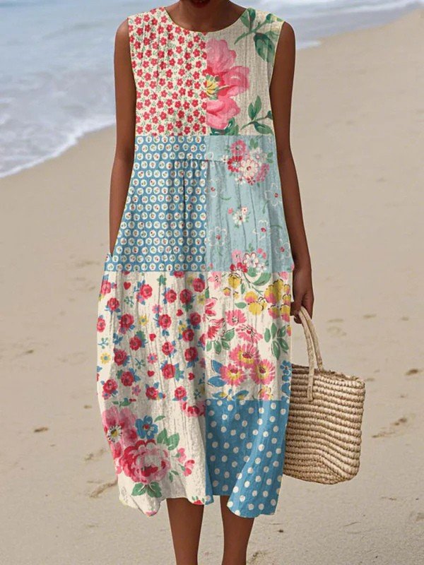 Vestido midi feminino patchwork floral sem mangas corte solto