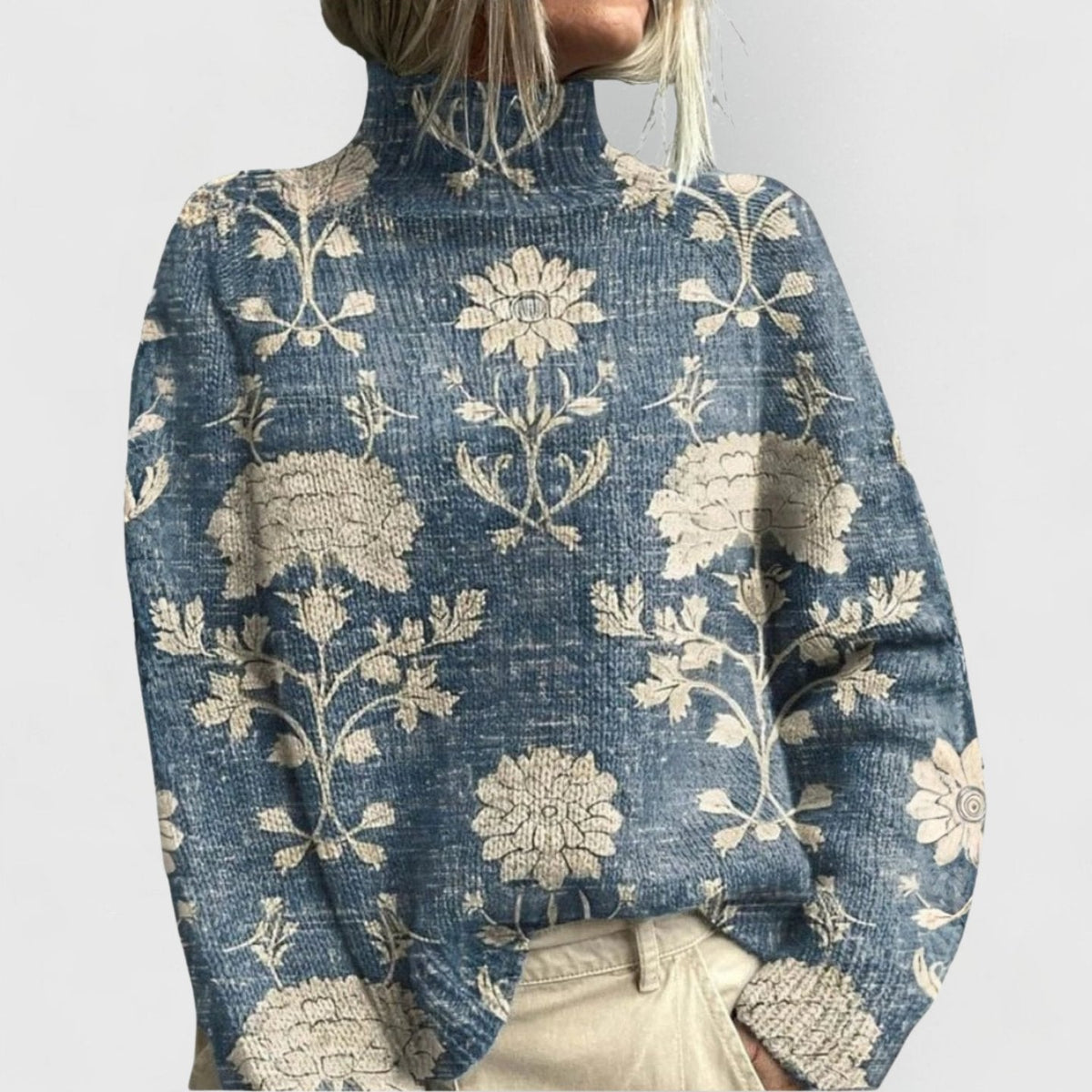 Camisola gola alta floral relaxed fit para mulher estampado azul bege