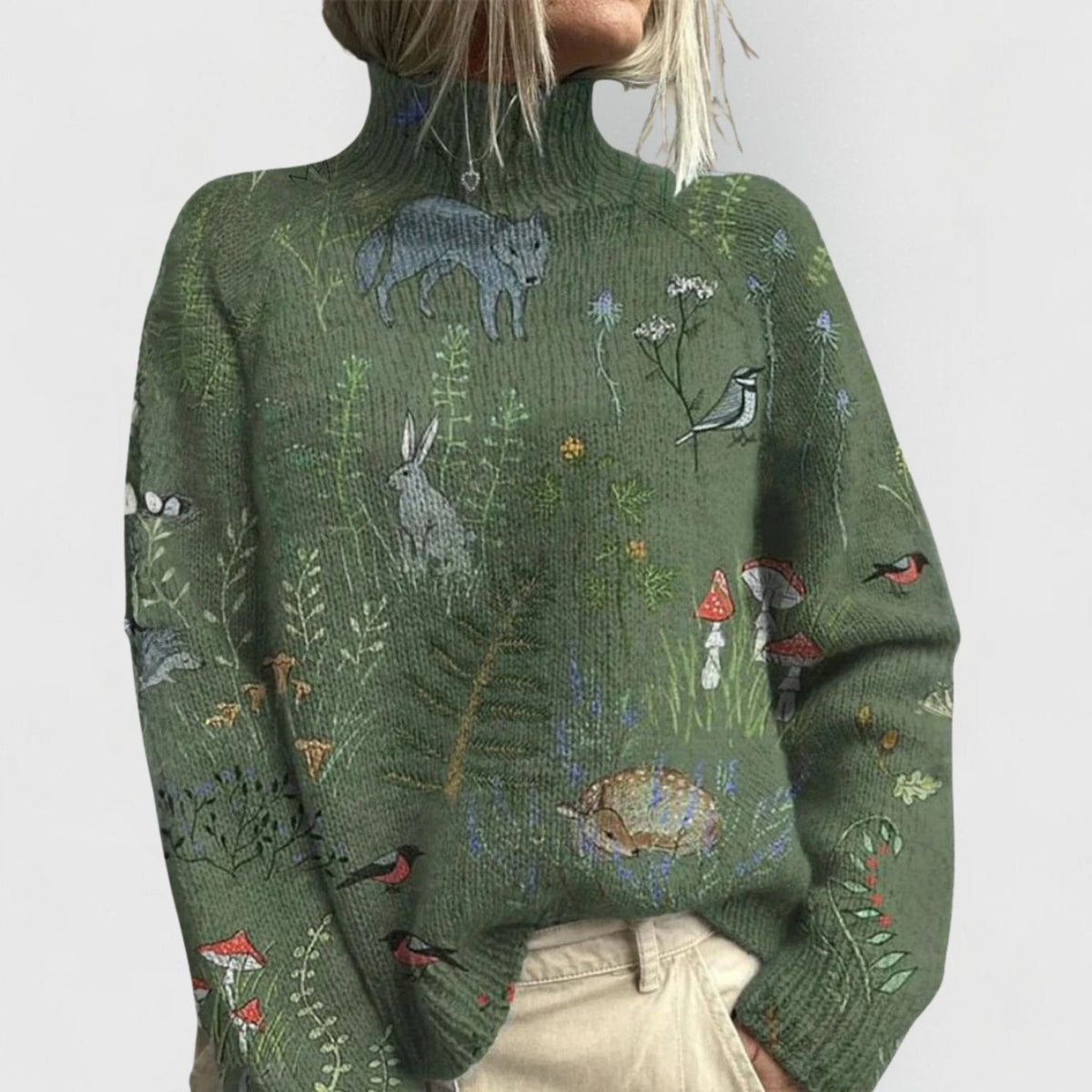 Camisola gola alta floral relaxed fit para mulher estampado azul bege
