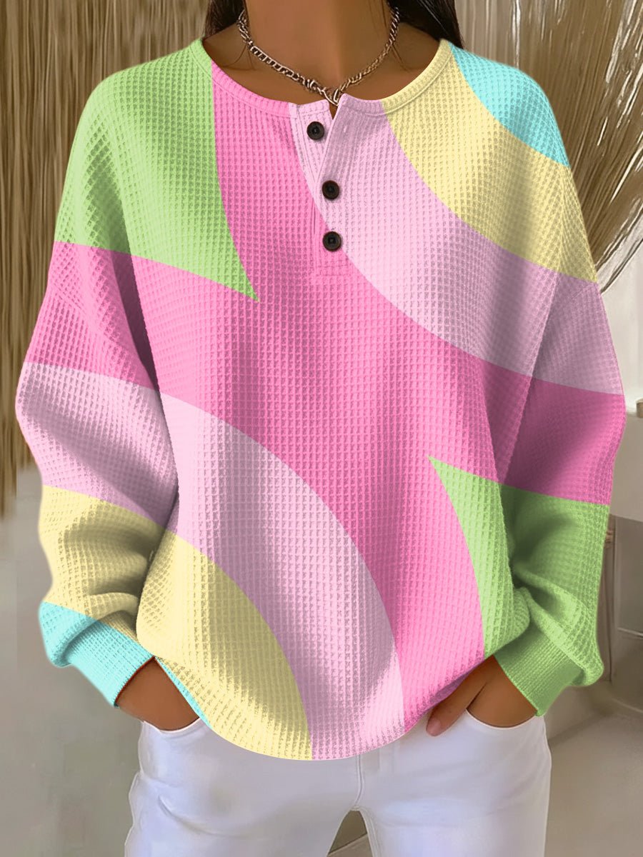 Pullover feminino tricô waffle henley com padrão geométrico colorblock em tons pastel
