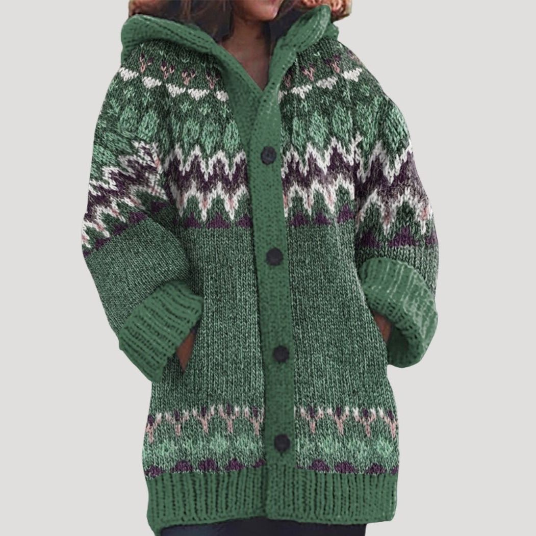 Casaco de malha feminino com padrão Fair Isle e capuz regular fit