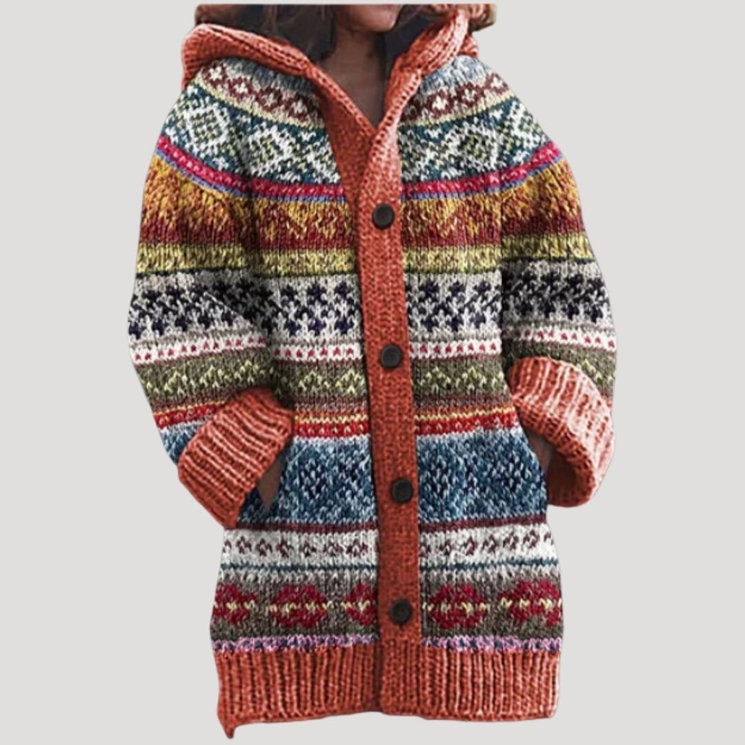 Casaco de malha feminino com padrão Fair Isle e capuz regular fit